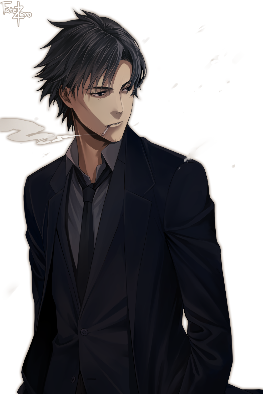 black_eyes, black_hair, chimachi, cigarette, emiya_kiritsugu, facial_hair, fate/stay_night, fate/zero