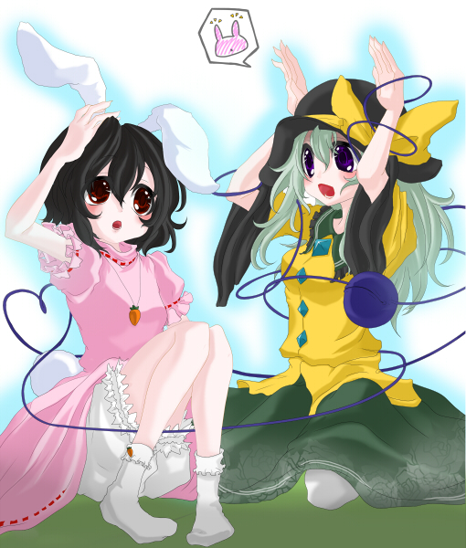 animal_ears, bad_id, black_hair, bunny_ears, carrot, green_hair, inaba_tewi, komeiji_koishi