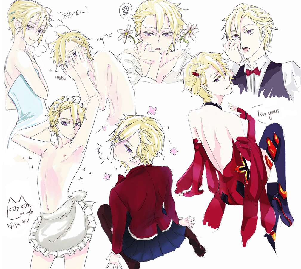 apron, blonde_hair, cosplay, crossdressinging, dahong, daryl_yan, detached_sleeves, flower