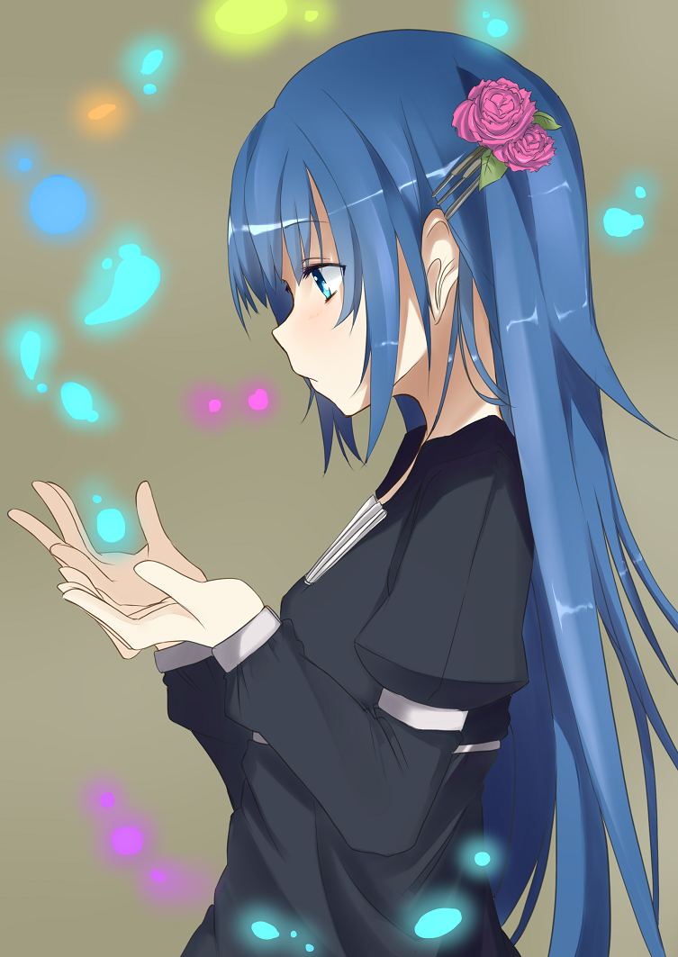 blue_eyes, blue_hair, dress, flower, glowing, hair_flower, hair_ornament, hairclip