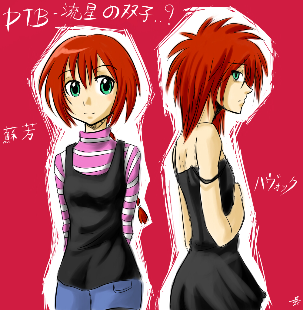2girls, arms_behind_back, bare_shoulders, braid, camisole, chemise, darker_than_black, dress