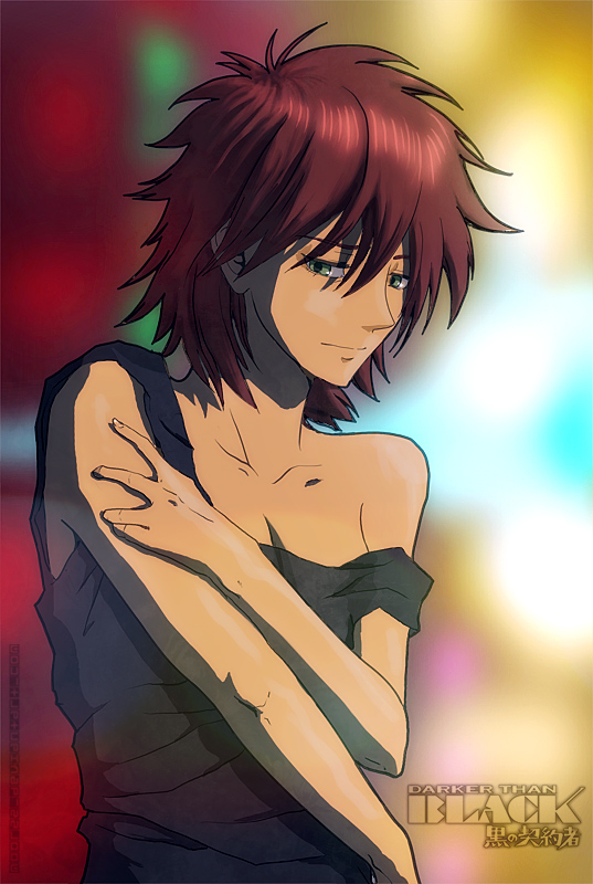 blurry, bust, collarbone, darker_than_black, depth_of_field, flat_chest, green_eyes, havoc, holding_arm, messy_hair, red_hair, redhead, short_hair, sleeveless, solo, strap_slip, title_drop