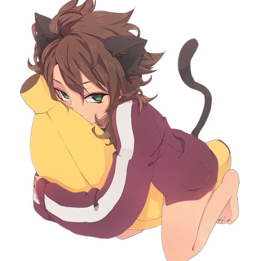 adult, androgynous, animal_ears, banana, banana_boat, barefoot, bottomless, boy_on_banana