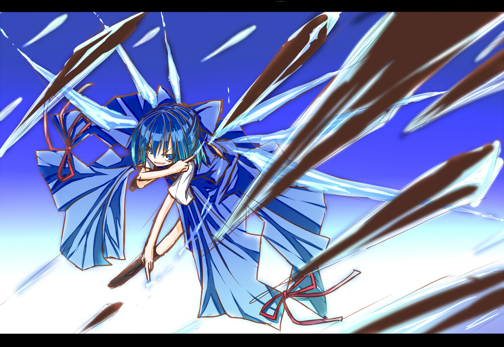 bad_id, blue_eyes, blue_hair, border, cirno, danmaku, ichiyan, icicle