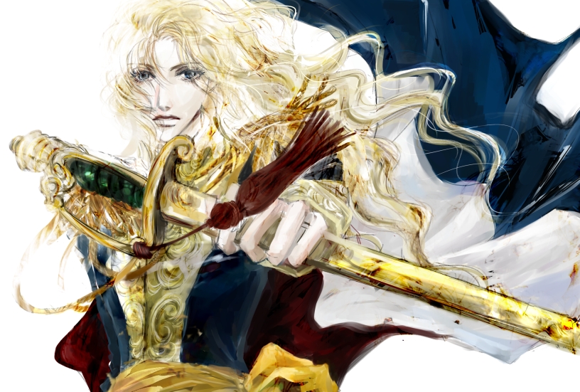 androgynous, blonde_hair, cape, female, long_hair, milo1108, oscar_francois_de_jarjayes, outstretched_arm, reverse_trap, solo, sword, tomboy, versailles_no_bara, weapon
