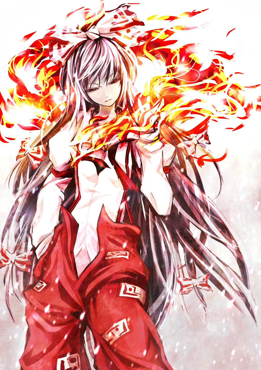 arm_up, bow, fire, flame, fujiwara_no_mokou, hair_bow, hair_ribbon, hand_in_pocket