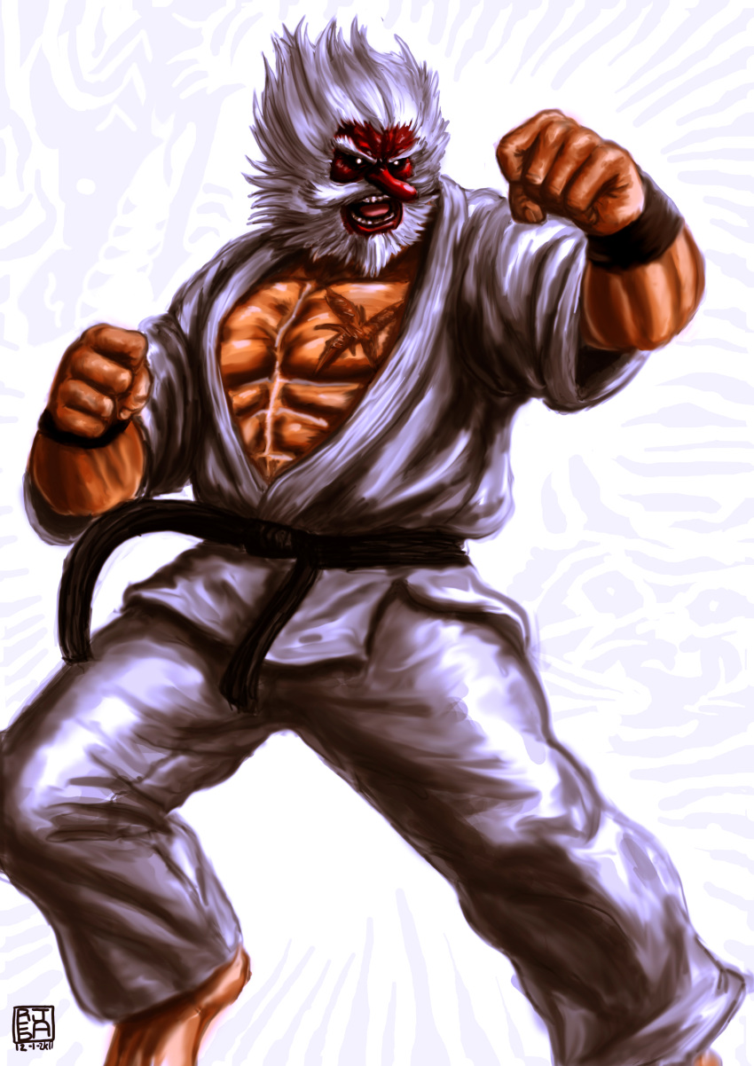 abs, absurdres, beard, dougi, eyebrows, facial_hair, fatal_fury, fighting_stance