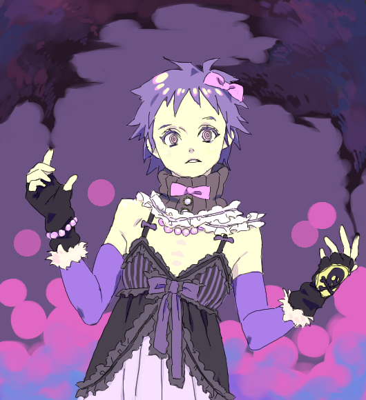 dress, ebisu_(dorohedoro), frills, gothic, gothic_lolita, honya_lala, jewelry, lolita_fashion, purple_eyes, purple_hair, short_hair, solo, violet_eyes
