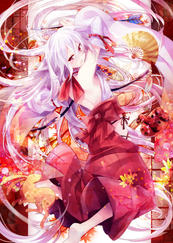 armpits, arrow, autumn_leaves, backless_outfit, barefoot, bow_(weapon), bunny, detached_sleeves