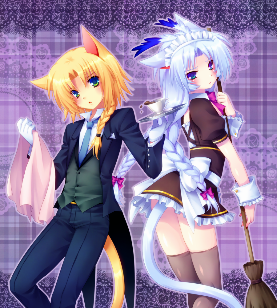 alternate_costume, alternate_hairstyle, animal_ears, bad_id, blonde_hair, blue_eyes, braid, broom