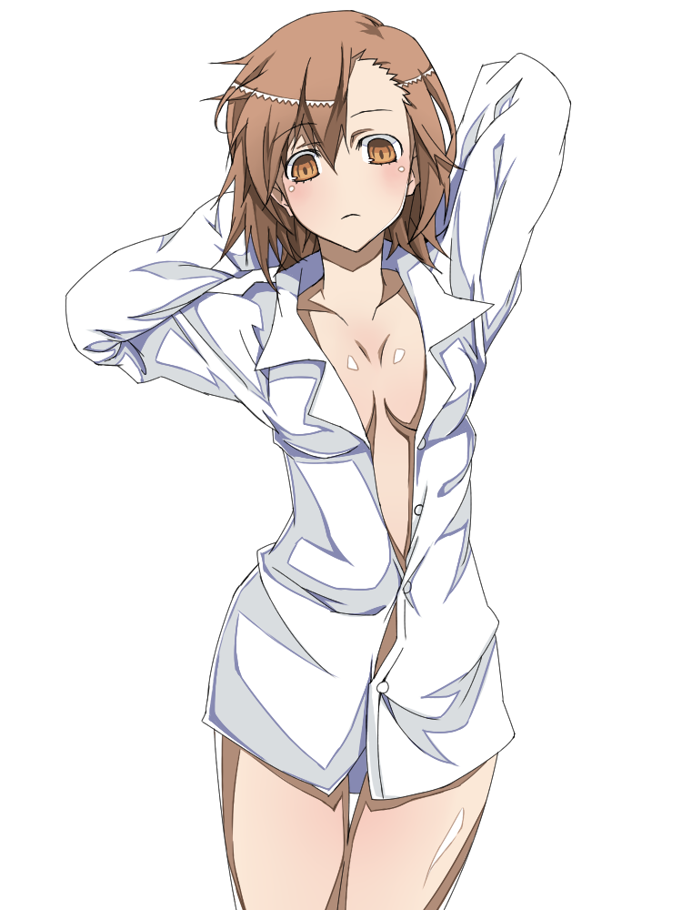 arms_behind_head, arms_up, blush, breasts, brown_eyes, brown_hair, cleavage, misaka_imouto