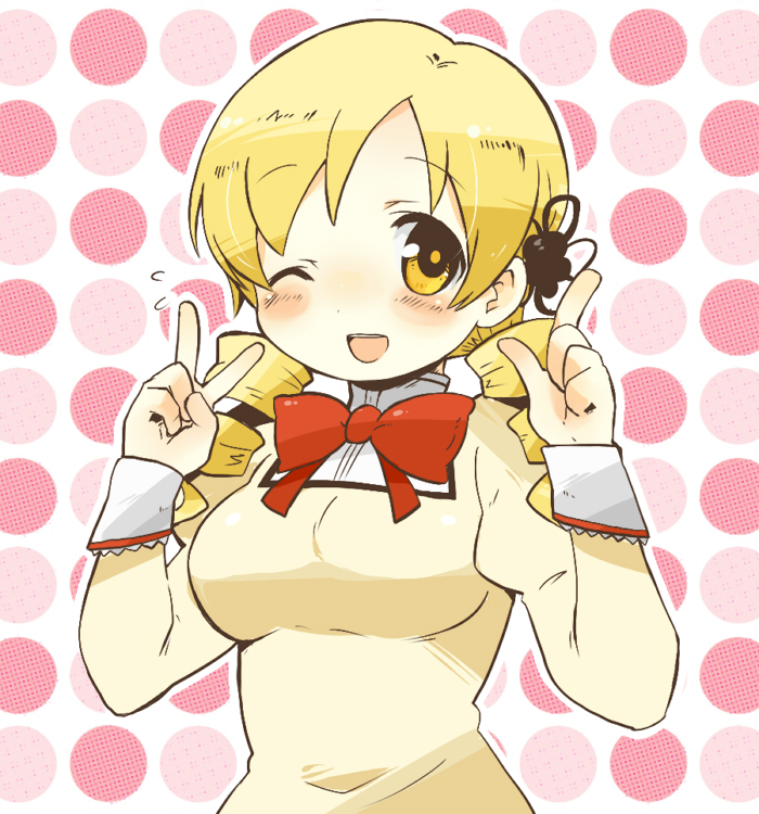 artist_request, blonde_hair, blush, bow, bowtie, breasts, drill_hair, hair_ornament