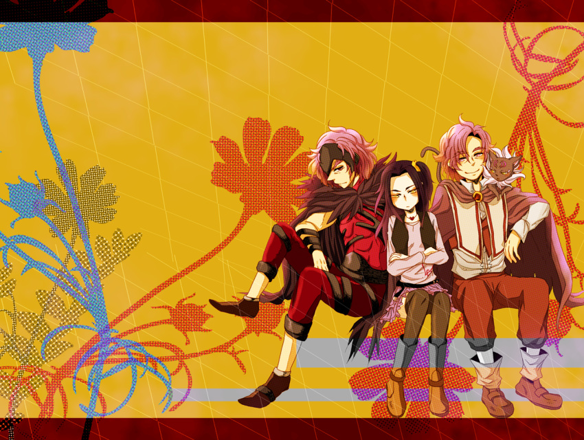 2boys, black_legwear, boots, cape, cat, cat_on_shoulder, crossed_arms, dual_persona