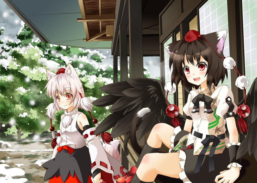 animal_ears, black_legwear, black_wings, blush, cat_ears, cat_tail, detached_sleeves, eyebrows