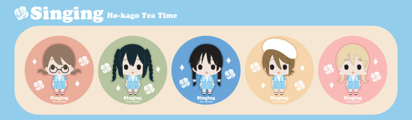 akiyama_mio, alternate_hairstyle, artist_request, beret, bespectacled, blue_dress, braid, chibi, dress, flat_color, flower, glasses, hat, highres, hirasawa_yui, hokago_tea_time, k-on!, k-on!_movie, kotobuki_tsumugi, multiple_girls, nakano_azusa, rose, singing!, standing, tainaka_ritsu, twin_braids, white_rose