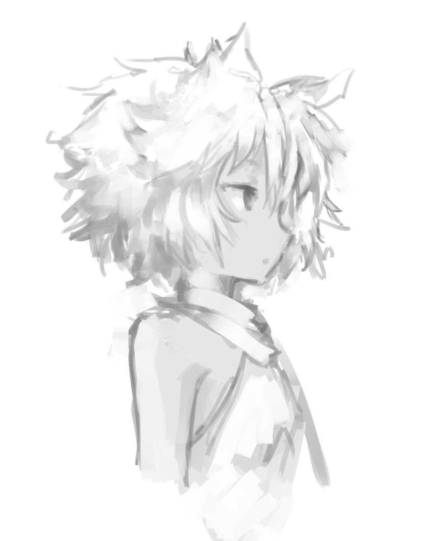 animal_ears, bare_shoulders, cat_ears, dark_skin, dress, highres, messy_hair, monochrome