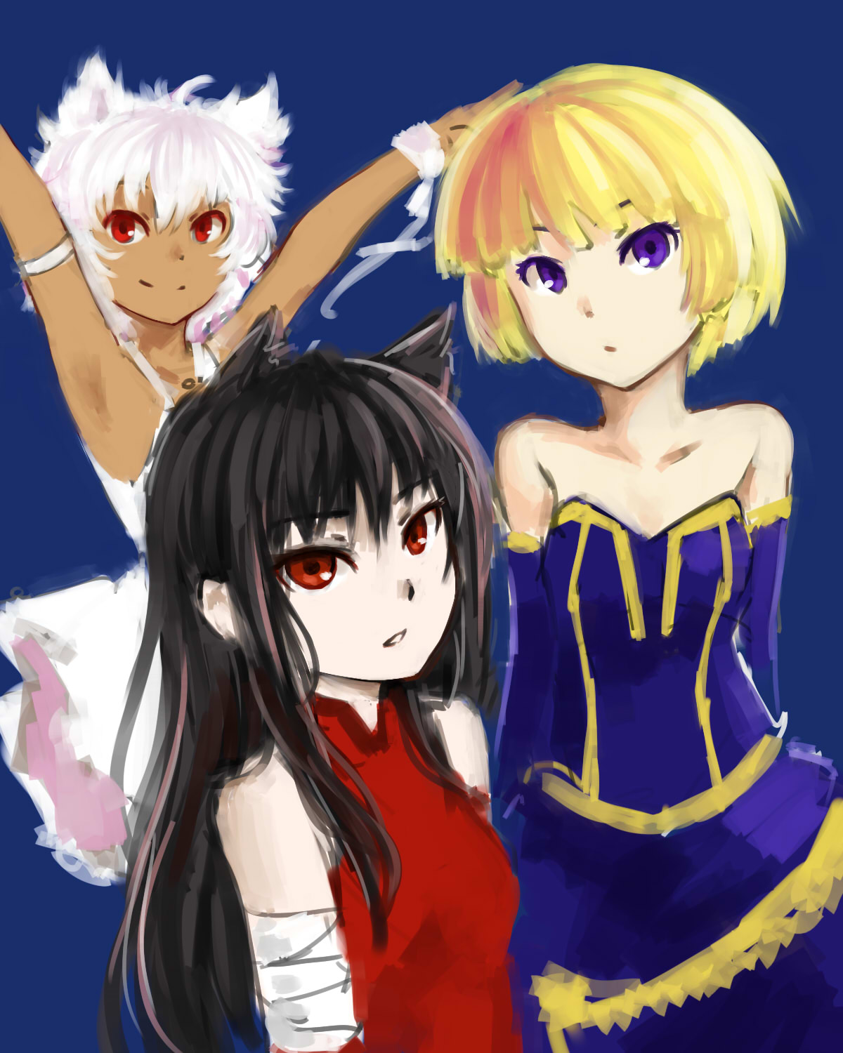 akka_(oniro), animal_ears, arms_up, bandage, bandages, bare_shoulders, black_hair, blonde_hair