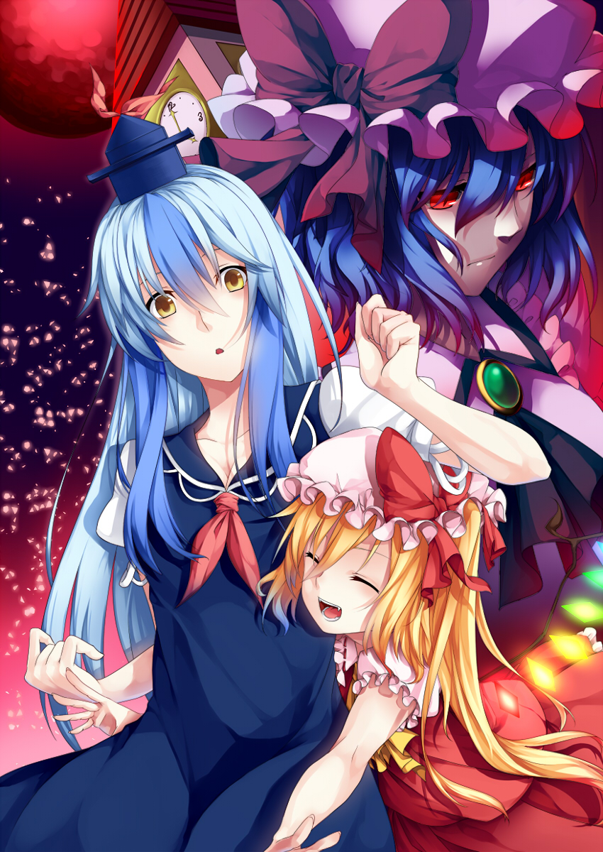 alternate_eye_color, ascot, blonde_hair, blouse, blue_dress, blue_hair, breasts, cleavage