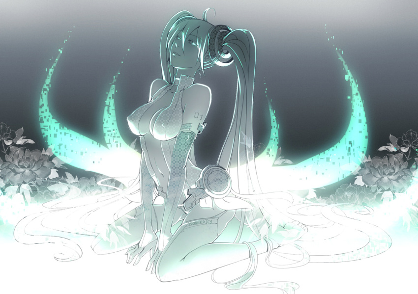 ahoge, bare_shoulders, barefoot, breasts, bridal_gauntlets, center_opening, elbow_gloves, erect_nipples