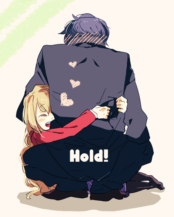 1girl, aisaka_taiga, blue_hair, blush, brown_hair, chiko_(beroro), closed_eyes, couple, english, eyes_closed, heart, hug, long_hair, open_mouth, school_uniform, smile, takasu_ryuuji, text, toradora!