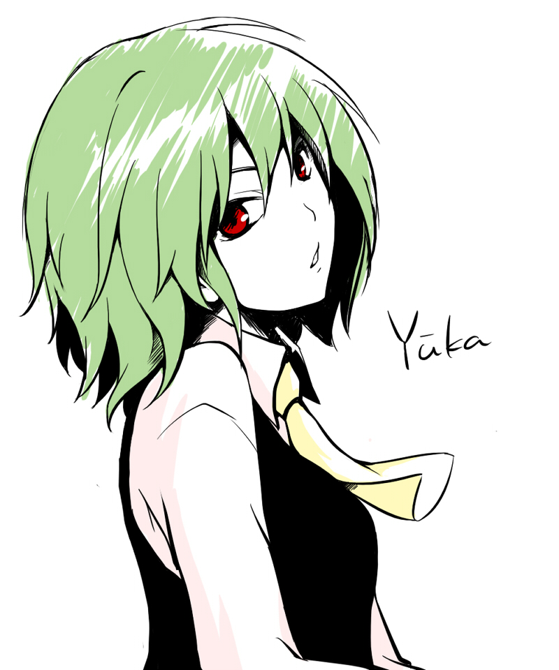 ascot, bust, character_name, face, green_hair, head_tilt, kazami_yuuka, long_sleeves