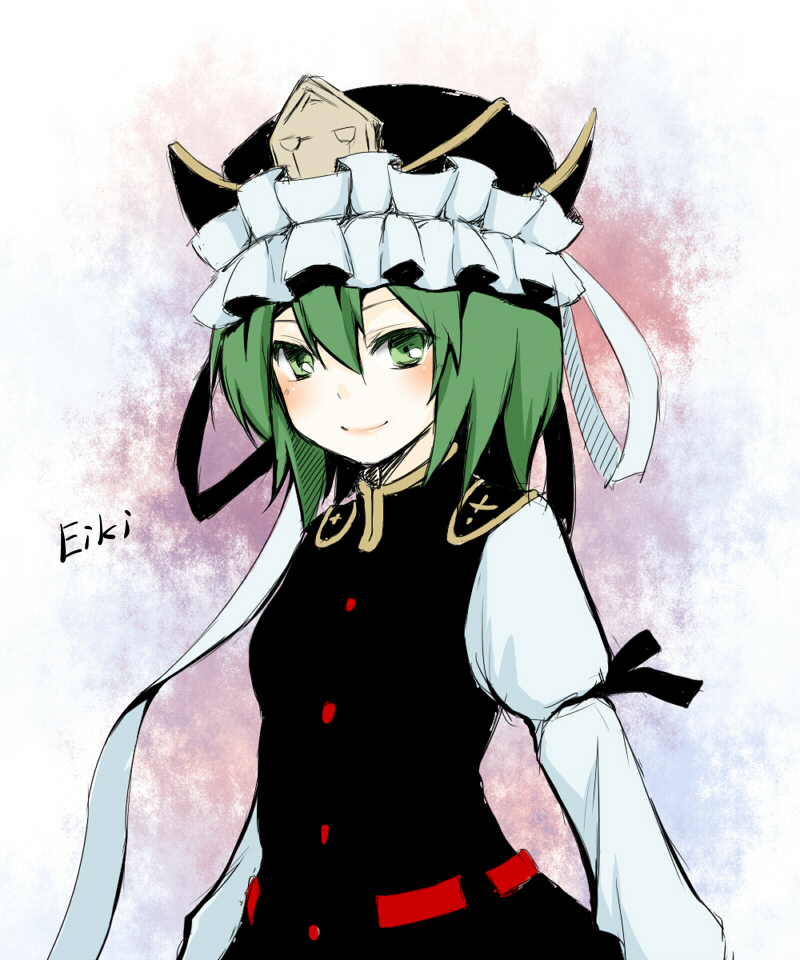 bust, green_eyes, green_hair, hat, looking_at_viewer, ribbon, shierutei, shikieiki_yamaxanadu