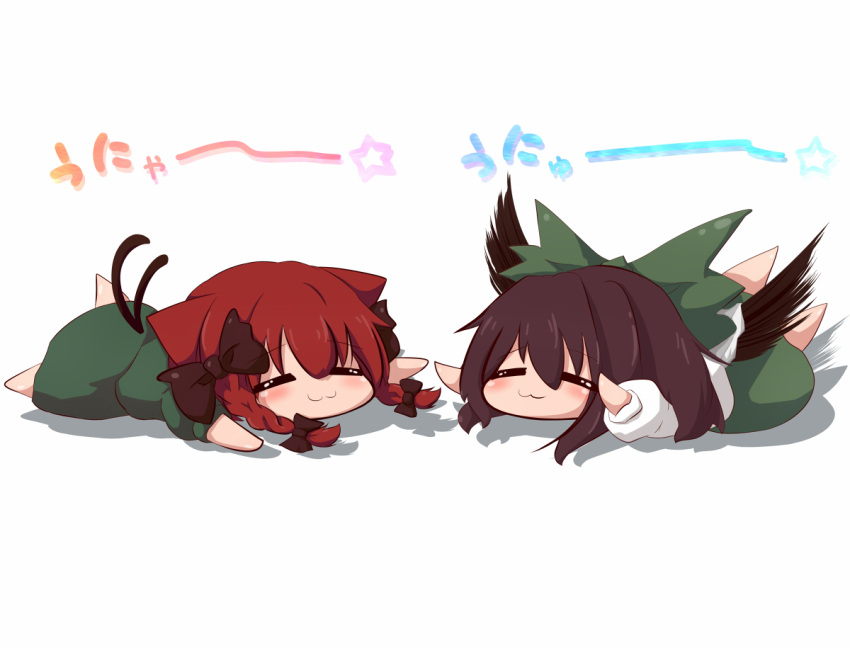 :3, =_=, animal_ears, black_hair, blush, bow, braid, cape