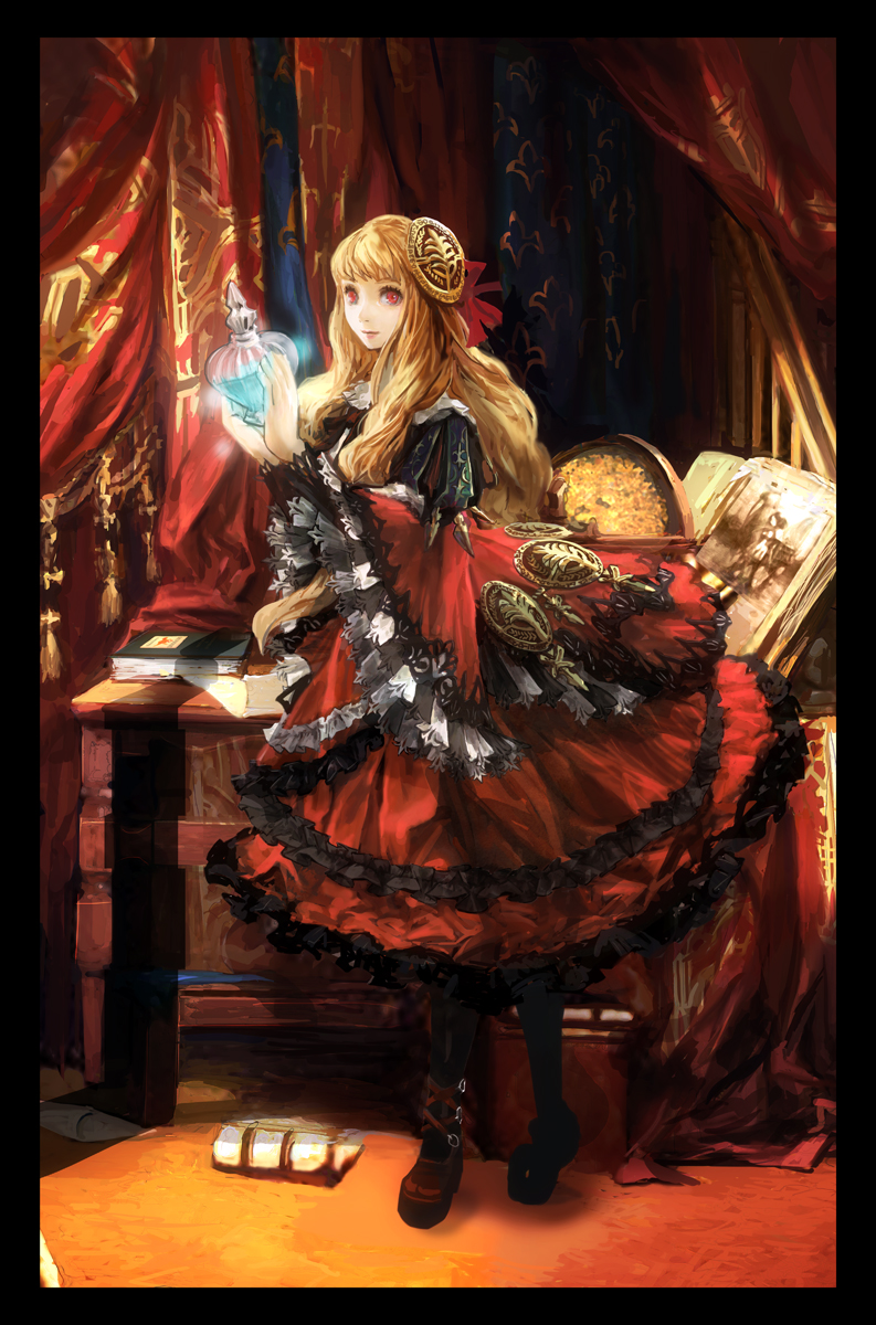 1girl, blonde_hair, book, border, curtains, dress, flask, highres, jewelry, long_hair, looking_at_viewer, original, patterned, potion, red_eyes, smile, solo, table, watanabe_minoru