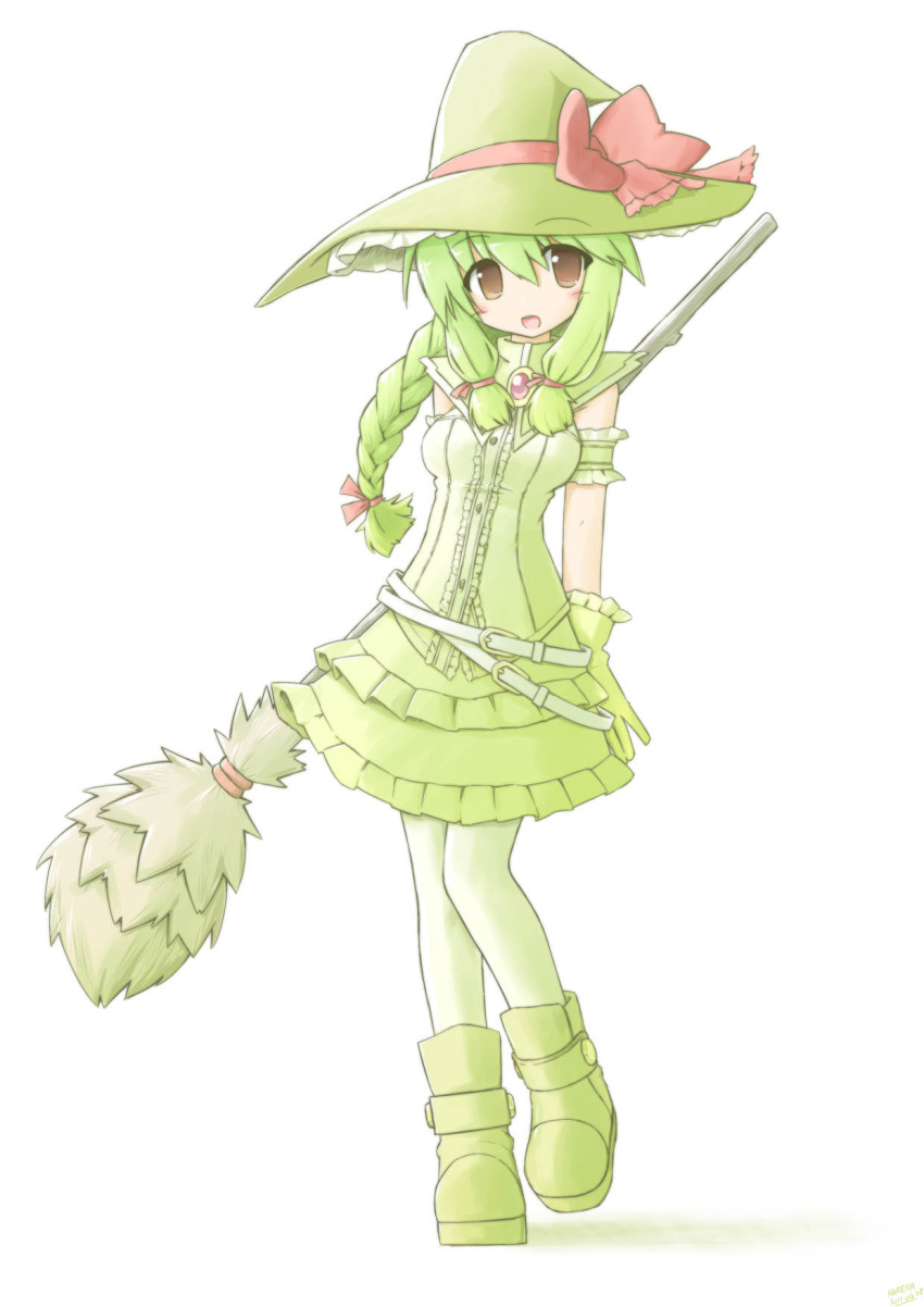 belt, blush, boots, braid, breasts, broom, gloves, green, green_hair, hat, highres, jpeg_artifacts, kareya, no_nose, original, signature, single_braid, solo, witch_hat
