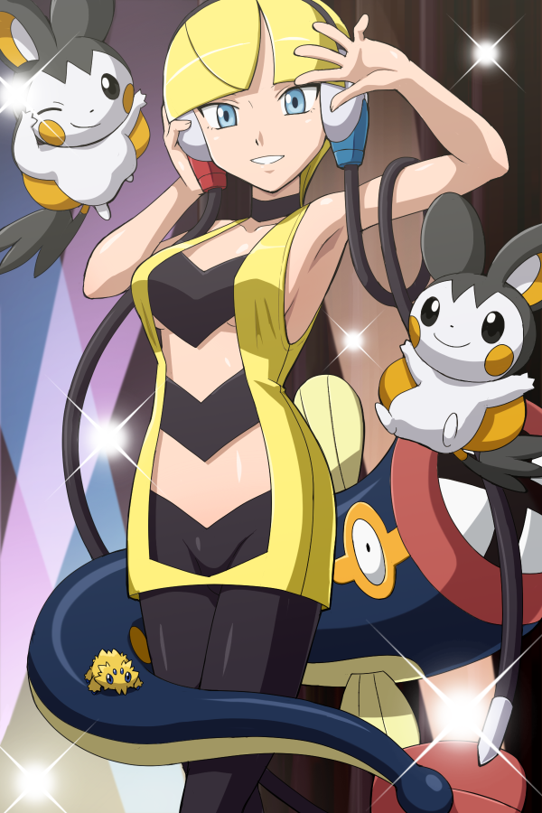1girl, arm_up, armpits, black_legwear, blonde_hair, blue_eyes, breasts, cutout
