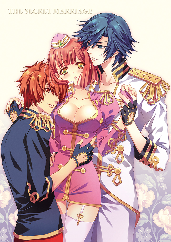 2boys, blue_hair, breasts, carnelian, cleavage, epaulettes, fingerless_gloves, flower