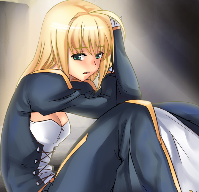 ahoge, alternate_hairstyle, blonde_hair, breasts, cleavage_cutout, dress, fate/stay_night, fate_(series)