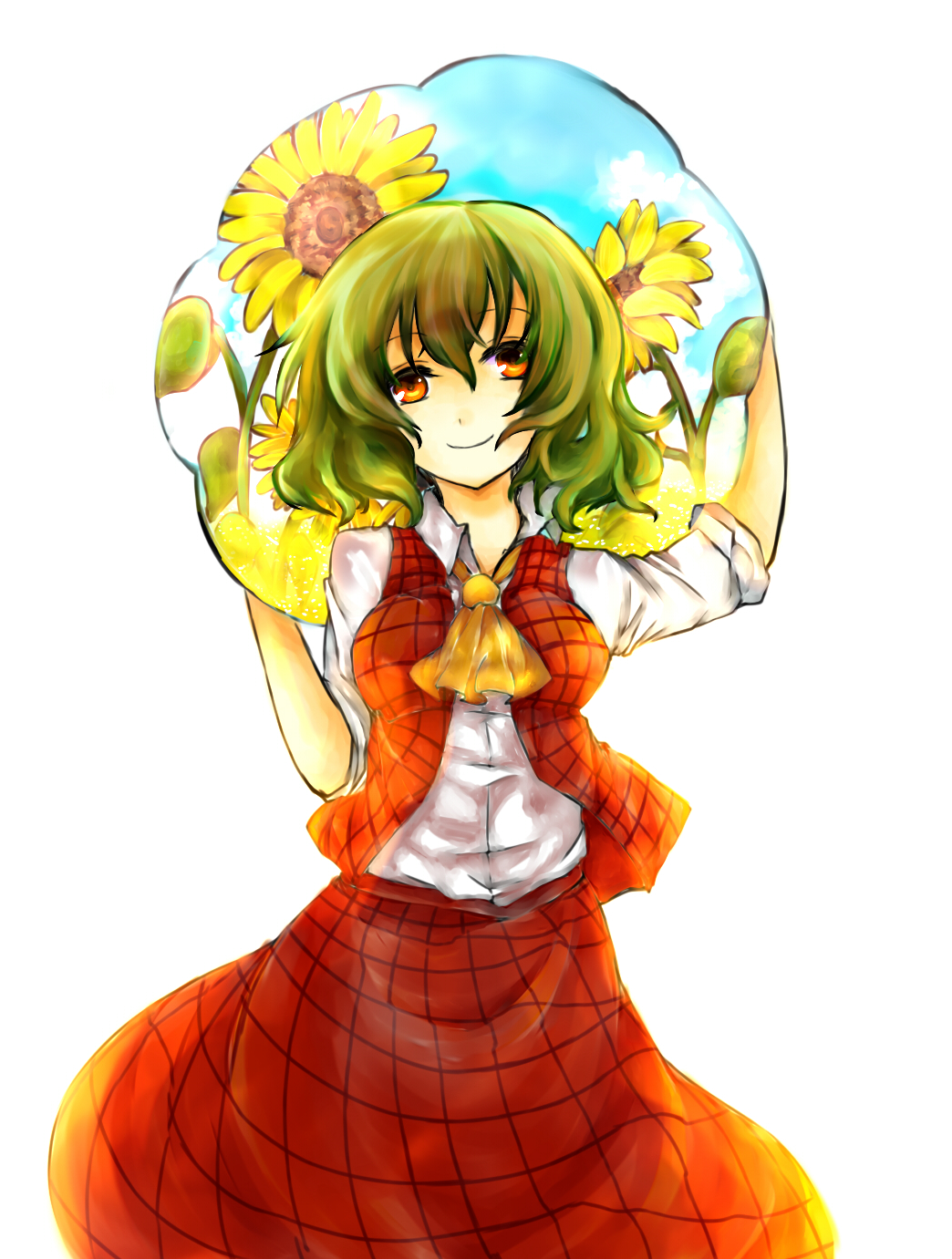 flower, green_hair, highres, kazami_yuuka, red_eyes, short_hair, skirt, skirt_set, smile, solo, sunflower, tengu_style, touhou, youkai