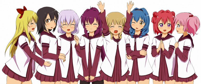 :d, ^_^, ahoge, akaza_akari, arms_up, black_hair, black_legwear, blonde_hair