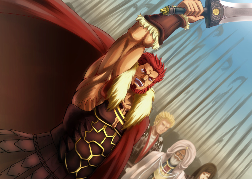 army, beard, bible_(pixiv), black_hair, blonde_hair, cape, dutch_angle, facial_hair, fate/stay_night, fate/zero, fate_(series), flag, ionioi_hetairoi, ionion_hetairoi, male, muscle, red_eyes, red_hair, redhead, rider_(fate/zero), short_hair, sword, turban, weapon