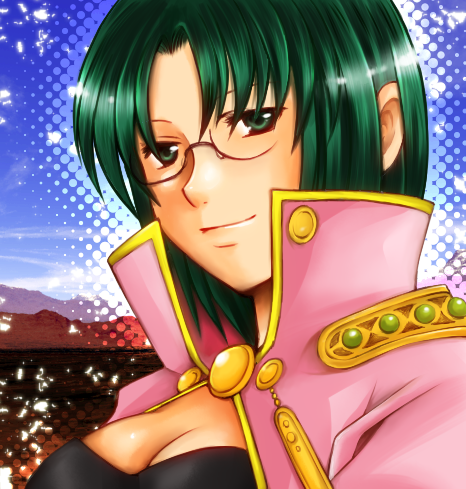 emma_hetfield, face, glasses, green_eyes, green_hair, lowres, sakuran_(riddle_riddle), short_hair, smile, solo, wild_arms, wild_arms_1, wild_arms_alter_code_f