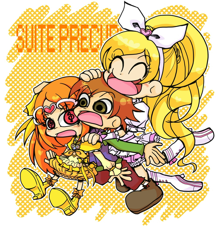 1boy, 2girls, :o, ^_^, blonde_hair, boots, brooch, brother_and_sister, brown_eyes, brown_hair, chibi, closed_eyes, cure_muse, cure_muse_(yellow), cure_rhythm, dress, eyes_closed, hairband, happy, jewelry, long_hair, magical_girl, minamino_kanade, minamino_souta, monono_(1436470), multiple_girls, musical_note, open_mouth, orange_background, orange_hair, pants, precure, red_eyes, shirabe_ako, shirt, shoes, siblings, suite_precure, symbol-shaped_pupils, title_drop, treble_clef, yellow_dress