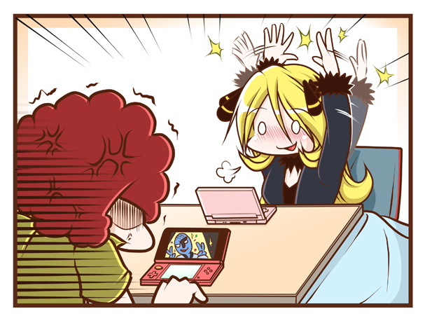 1boy, 1girl, afterimage, artist_self-insert, blonde_hair, clapping, elite_four, nintendo_3ds