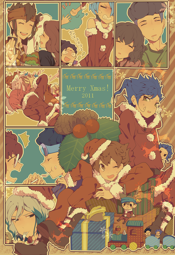 brown_hair, christmas, eating, endou_mamoru, food, gift, gouenji_shuuya, hat, inazuma_eleven, inazuma_eleven_(series), inazuma_eleven_go, kageyama_hikaru, kirino_ranmaru, kurama_norihito, kurumada_gouichi, matsukaze_tenma, minamisawa_atsushi, miyukiyo, nishizono_shinsuke, raimon_natsumi, sangoku_taichi, santa_costume, santa_hat, shindou_takuto, train, tsurugi_kyousuke, tsurugi_yuuichi