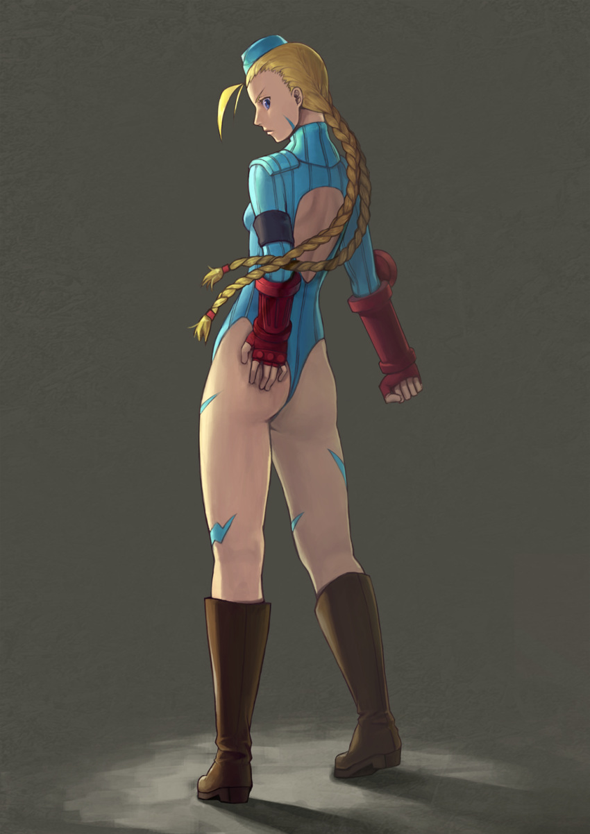 1girl, beret, boots, braid, cammy_white, fingerless_gloves, gloves, hat