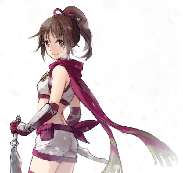 bad_id, bare_shoulders, brown_hair, character_request, dual_wielding, elbow_gloves, gloves, hair_ribbon