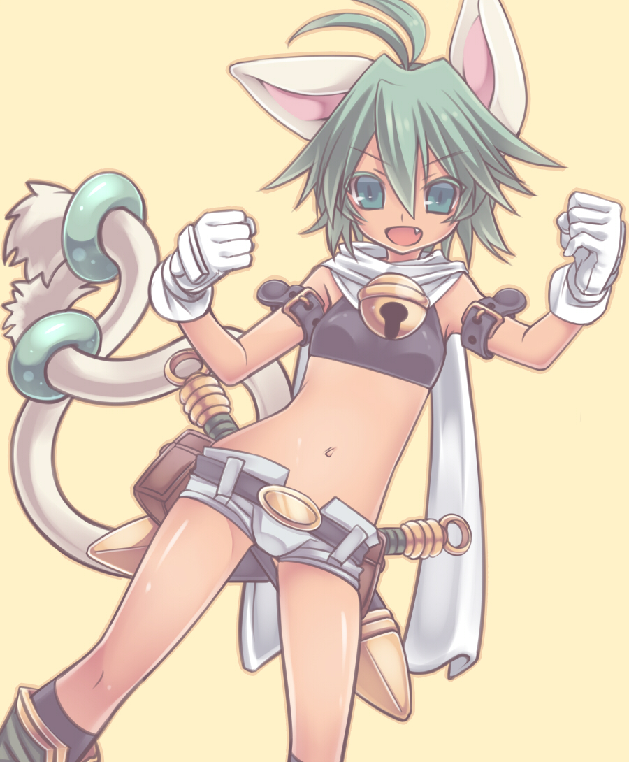 animal_ears, antenna_hair, bell, belt, beryl_(shinrabanshou), blue_eyes, cat_ears, cat_tail