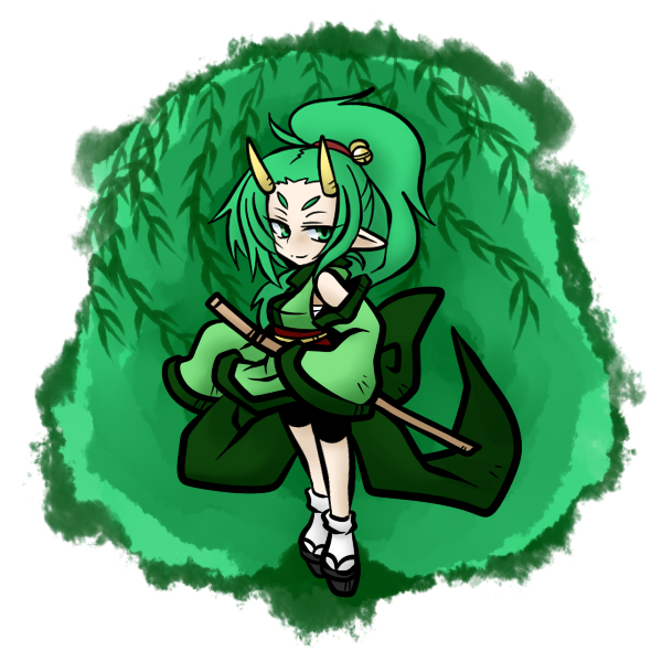 footwear, green_eyes, green_hair, jing, pixiv_fairy, pointy_ears, ponytail, sandals