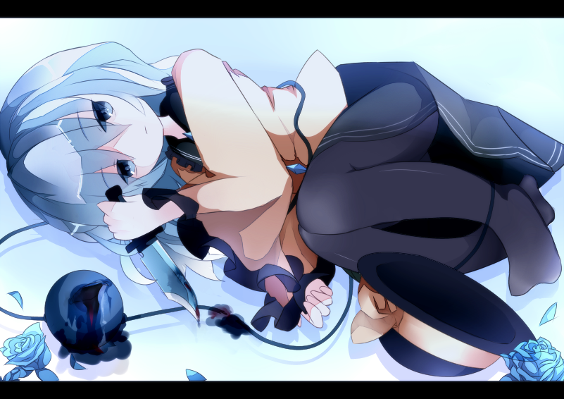black_legwear, bow, eyeball, flower, grey_eyes, hat, hat_removed, headwear_removed