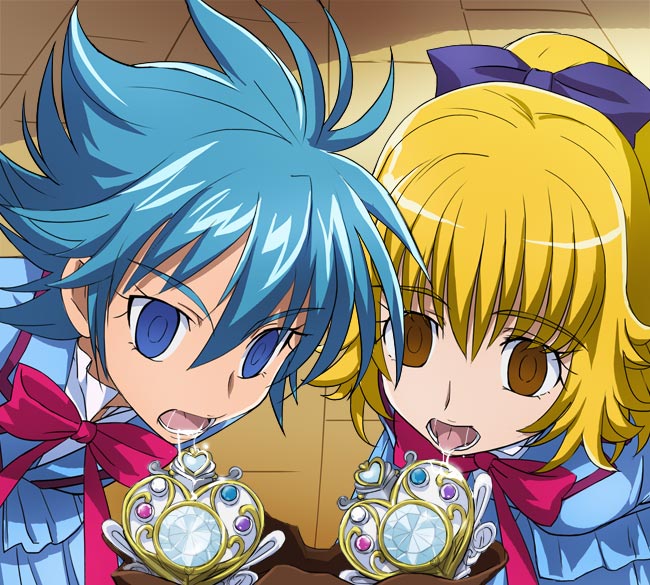 blonde_hair, blue_eyes, blue_hair, bow, bowtie, brooch, brown_eyes, drooling