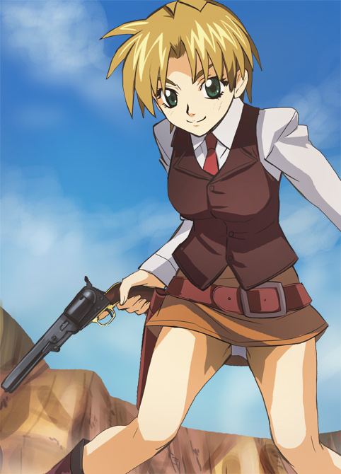 blonde_hair, blue_sky, boots, colt_army_model, early_reins, green_eyes, gun, gunbelt