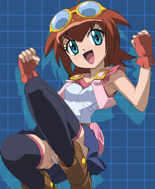 amano_madoka, ankle_boots, armpits, beyblade, black_legwear, boots, brown_hair, fingerless_gloves, glasses, glasses_on_head, gloves, goggles, green_eyes, haruyama, metal_fight_beyblade, miniskirt, open_month, open_mouth, panties, pantyshot, pantyshot_(squatting), pantyshot_sitting, sitting, skirt, smile, solo, squatting, thigh-highs, thighhighs, underwear, upskirt, white_panties