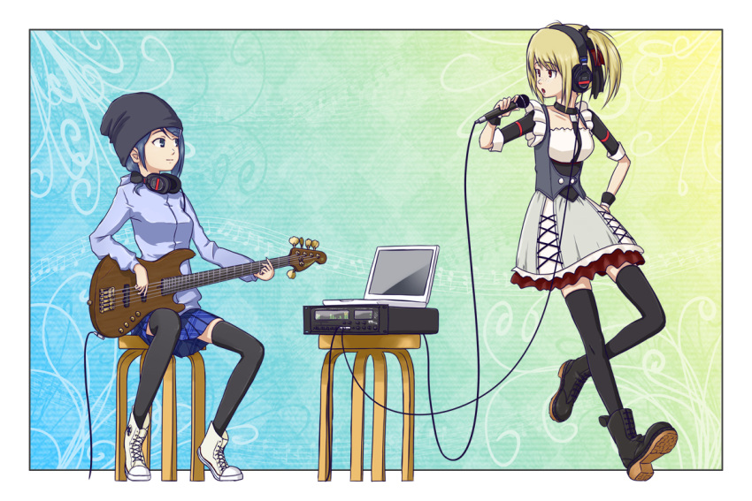 bass_guitar, black_legwear, black_thighhighs, blonde_hair, blue_eyes, blue_hair, boots, choker