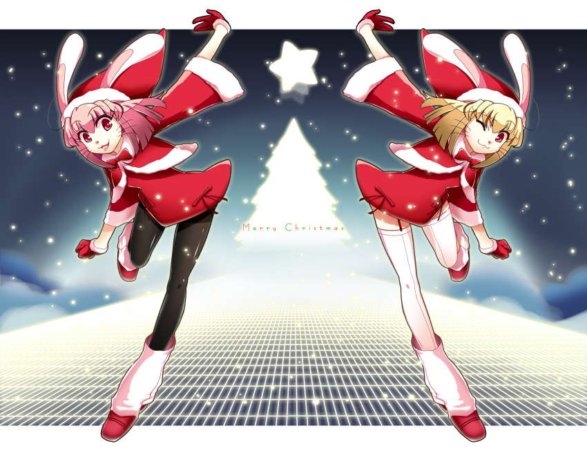 :3, animal_ears, blonde_hair, bunny_ears, christmas, highres, magma_chipmunk, magma_squirrel