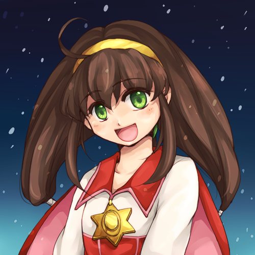 :d, ahoge, blue_background, brown_hair, green_eyes, hairband, lilka_eleniak, long_hair